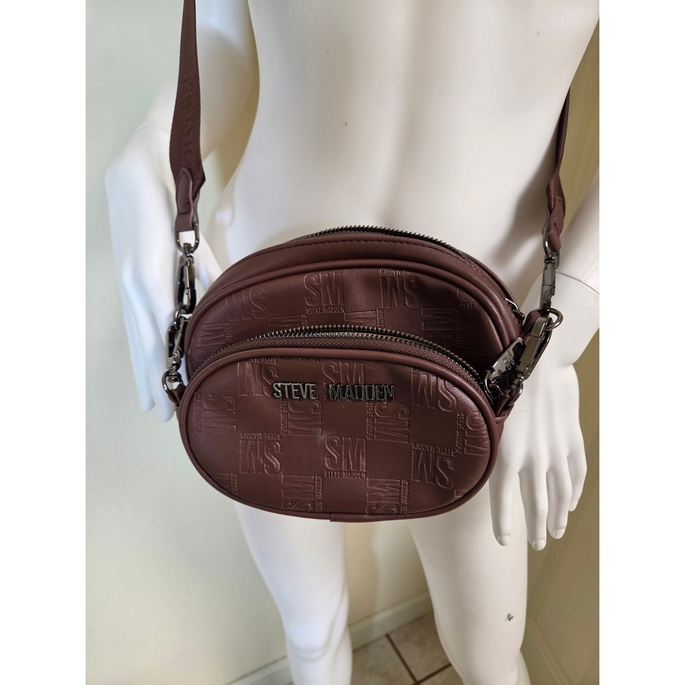 Steve Madden Brown‎ Embossed Logo Double Pouch Crossbody Bag Adjustable Strap